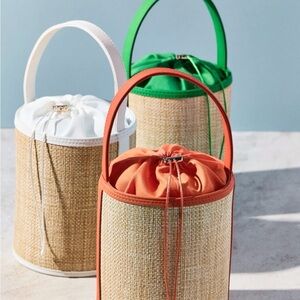 Neiman Marcus | White & Tan Raffia Bucket Bag with Drawstring Closure